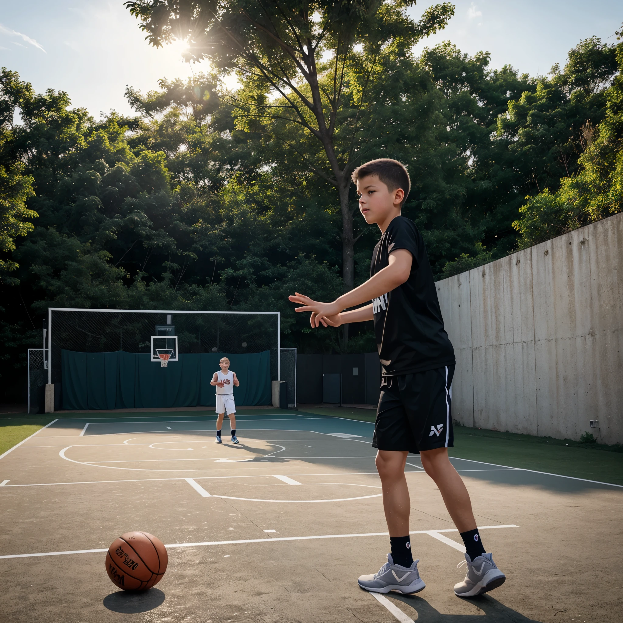 "A boy named Ben practicing basketball on an outdoor court, focusing on his dribbling and shooting." Realistic, vector