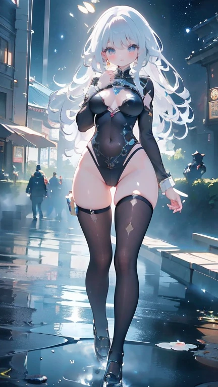 Anime Kawaii sexy Perfect Slim sensual body large breast and huge thighs, An intricate and highly detailed illustration of anime (Young girl). best qualityer, high resolution, Description 8 km CG, Masterpiece artwork, amazing art, fine-details, High level of detail, details Intricate, long  white hair, pretty girl,, Big watery eyes with stars in them, Pure lust, cara maligna, Young and beautiful, immortal，spatter ,,light and shadows, optical，pretty clothing，lake，cyber punk, mecha girl, mechanical body