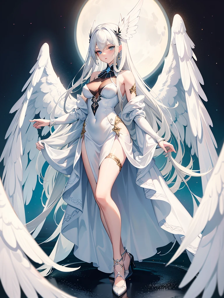 masterpiece, best quality, ultra -detailed, finely detail, White girl, angel, white hair, blue eyes, sexy, sexy pose, white dress, half body, long hair, fringe, black dress, black shoes, acessories, wings on the back