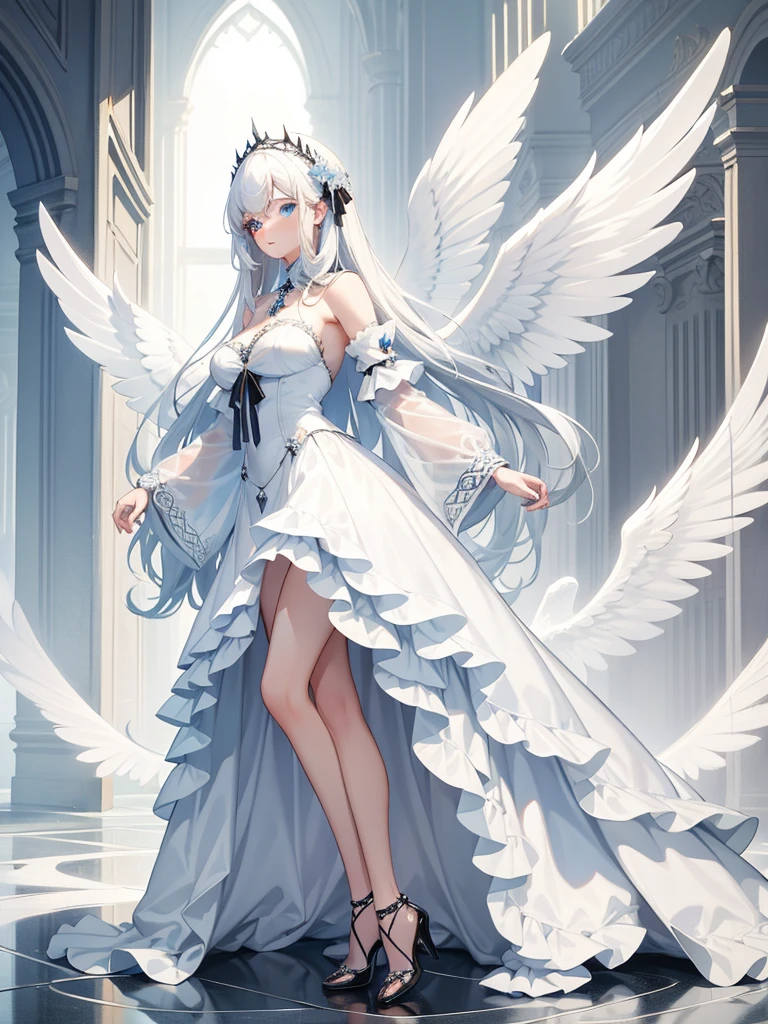 masterpiece, best quality, ultra -detailed, finely detail, White girl, angel, white hair, blue eyes, sexy, sexy pose, white dress, half body, long hair, fringe, black dress, black shoes, acessories, wings on the back