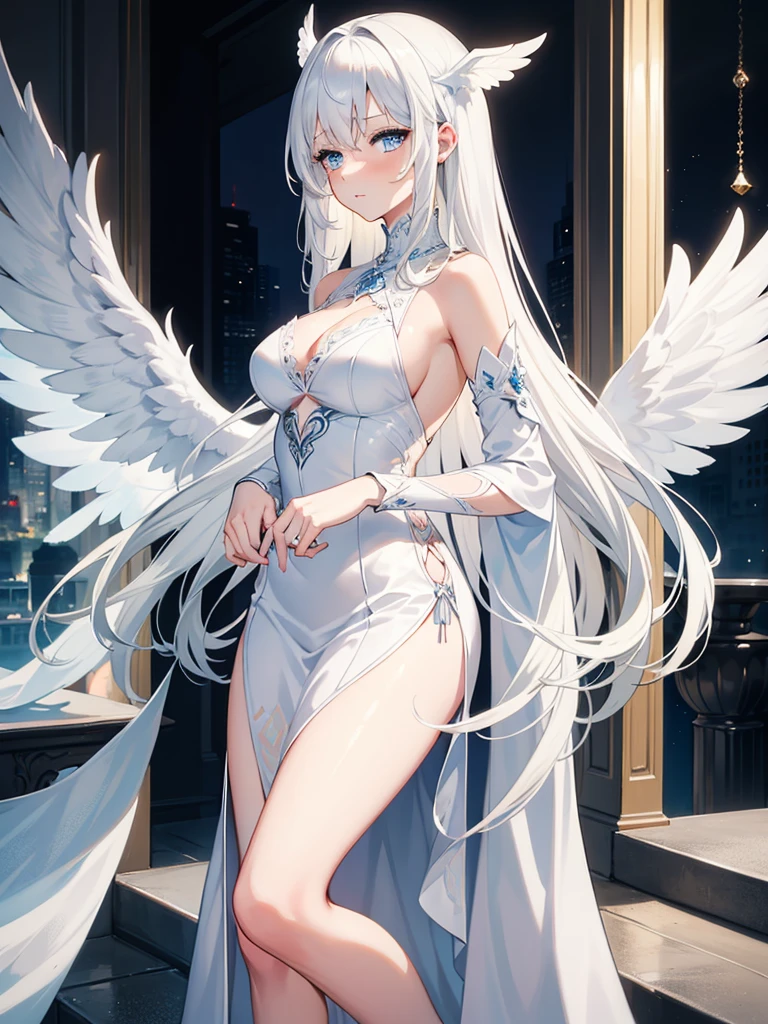 Name: Hikari no Tenshi
Element: STELLARA
Description: A radiant celestial being, guardian of the heavens. With cascading silver hair and milky white skin, she embodies purity and grace. Her wings of starlight gleam, granting her the power to heal and protect.
Prompt: ((((Bijutsu-shi, Kimi ga Suki, 1200K, ultrahigh resolution)))), 1girl, serene, sitting, (long, silver hair, side parting), ((white skin, pale complexion)), ((violet eyes, shimmering with starlight)), (((ultra detailed eyes:0.8, beautiful and detailed face, detailed eyes:0.9))), ((three-quarter view, waist-up)), facing left, (((indoor, temple, daylight, clouds in background:0.9))), (chestnut braids), leaning forward, ((expressive, loving gaze)), ((perfectly manicured hands, elbows resting on knees)), ((hands on hips, wingtips half-concealed)), ((shimmering aura, silver wings)), lively expression, soft focus, warm lighting, indoor, temple, background, ((defined subject)), 21 years old, ((winged figure)), (((ethereal))), ((calm)), (((high contrast, soft edges)))