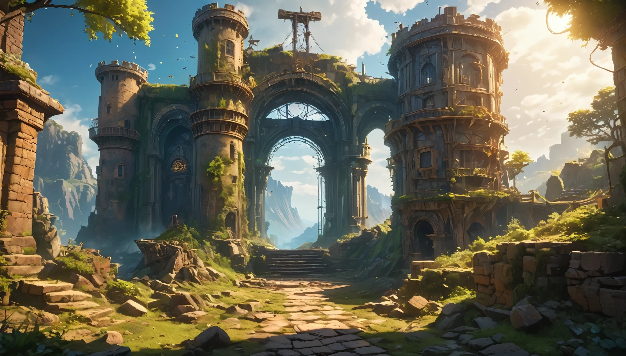 (anime, fantasy, portal),(extremely detailed CG unity 8k wallpaper, masterpiece, best quality, ultra-detailed, depth of filed, HDR:1.2, high FXAA),vibrant colors, mysterious atmosphere, sole weathered watchtower, medieval watch tower, crumbling down, debris, general shot, ethereal light, fantastical landscapes