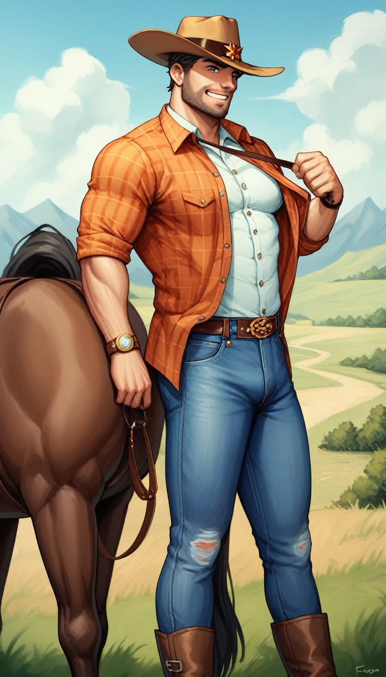 Capture the essence of the rugged cowboy by photographing a man on horseback in a vast, open landscape. The man should be wearing traditional cowboy attire, such as a hat, jeans, and a chaps. He should have a strong, confident expression and a firm grip on the reins. The horse should be powerful and muscular, and the overall scene should exude a sense of freedom and adventure.