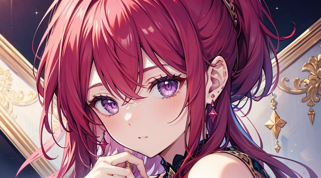 Highest quality, masterpiece, figure, wallpaper,One woman, Beautiful detailed woman, Highly detailed eyes and face, Beautiful attention to detail, Shine, View your viewers, Purple Eyes,,Bright Red Hair ,crisp finger, clear background, deep night、Earrings、bracelet,28 years old,Slim body,dance