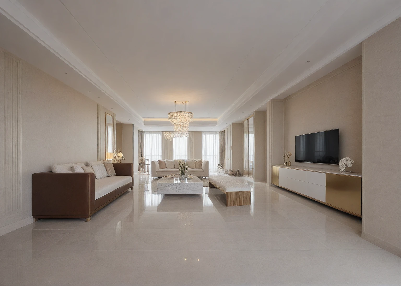 ,Masterpiece, Best quality,8K, Ultra-high resolution,When you step into the (living: 1.1) ,Immediately surrounded by a rich atmosphere of luxury. The space  was covered with a soft white fluffy blanket,It is so comfortable,So much so that you can't help but indulge in it。Embellished with precious porcelain and white-off gold ornaments。Whenever it is late afternoon,The afterglow from the window spilled on the floor,Soft light and shadow are reflected,It was as if entering a dreamland. ((Wooden chair and table : 1.3)), ((COLUMN MIRROR : 1.3))