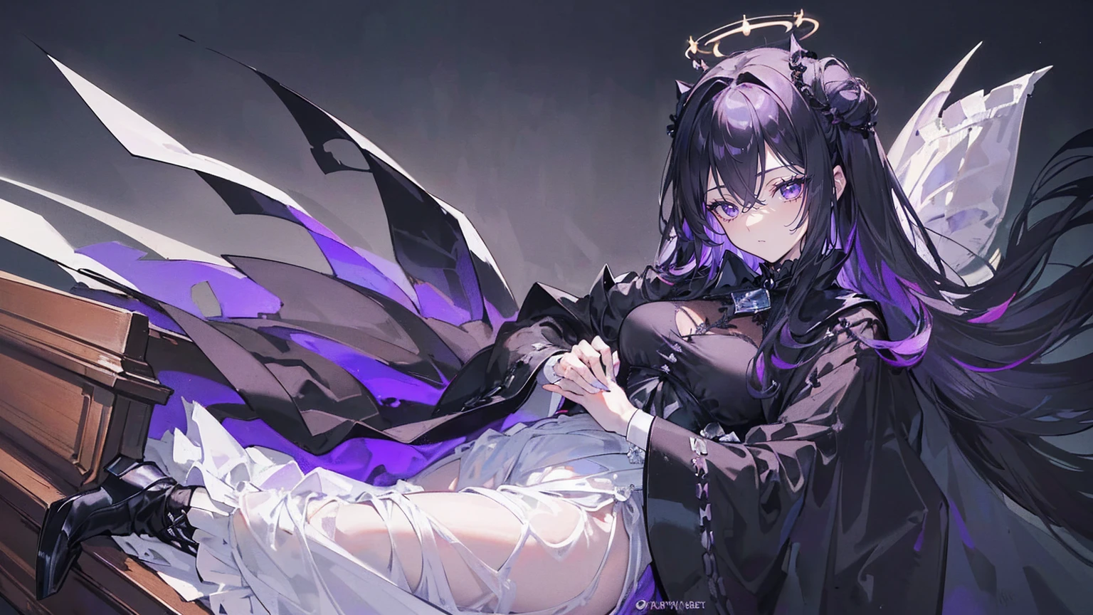 (Super detailed)),((illustration)),((masterpiece)),(((need))),((fine、Highest quality CG Unity 8K wallpapers,masterpiece),((4K,masterpiece,best quality)),Black hair queen,Waist-length hair,Royal sister,Sexy,Tall figure,Lilac eyes,Sleeping in a coffin,mummy,The whole body is wrapped in bandages,Limbs wrapped in bandages,There is a coffin beside him,Mature,Hair Bunch,Hair tied on both sides,Black and purple French vintage clothing,Gorgeous pure black cape,Black veil,Purple-white halo,Black purple boots,Bones piled up underfoot,Wearing a crown on the head,Holding a knight's sword,pyramid,Emitting dim purple light,Brilliant palace,Mysterious symbols,individual,Emit a dim light,Full body picture