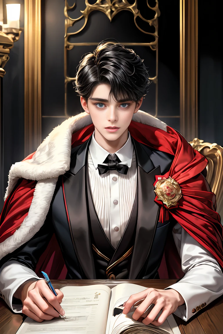 
masterpiece, 最high quality, high quality, 1 boy, alone, Male focus, Watching the audience,  Messy black hair, Adorable big blue eyes, White, Noble, Noble,A sexy, voluminous, puffy cape、tuxedo、A very voluminous, large, very large, very large, long, long red and black cape with a high stand-up collar, made of a lot of fabric that reaches down to the floor., ,Cute beautiful boys,Cute, cute, kind, handsome guy