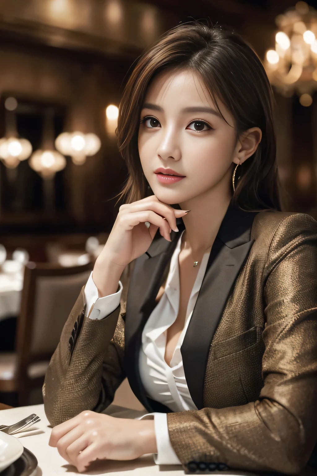 masterpiece, Highest quality, Realistic, Very detailed, Finer details, High resolution, 8k wallpaper, One beautiful woman, Wear a nice suit, In a great restaurant, At night, Light brown messy hair, Perfect dynamic composition, Beautiful and beautiful eyes、Big earrings、Sit on a chair
