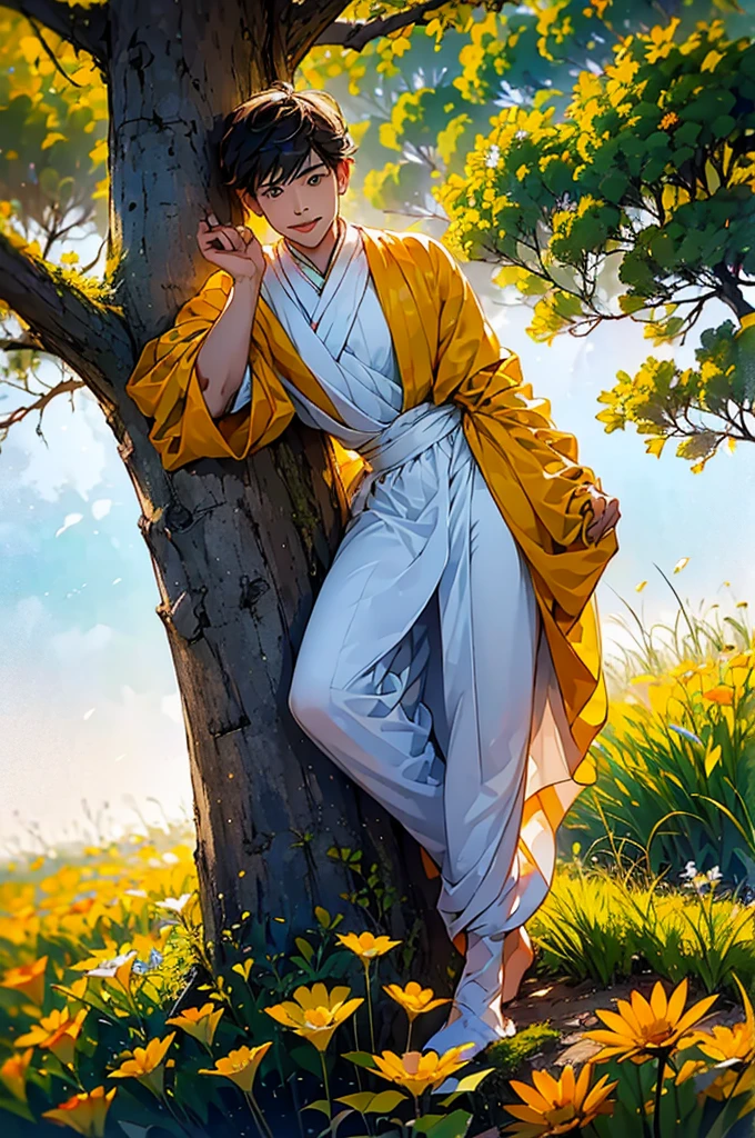 (in 8K、top-quality、masterpiece:1.2)、1 boy、short-haired、Hair short、Brown-skinned、Yellow view、