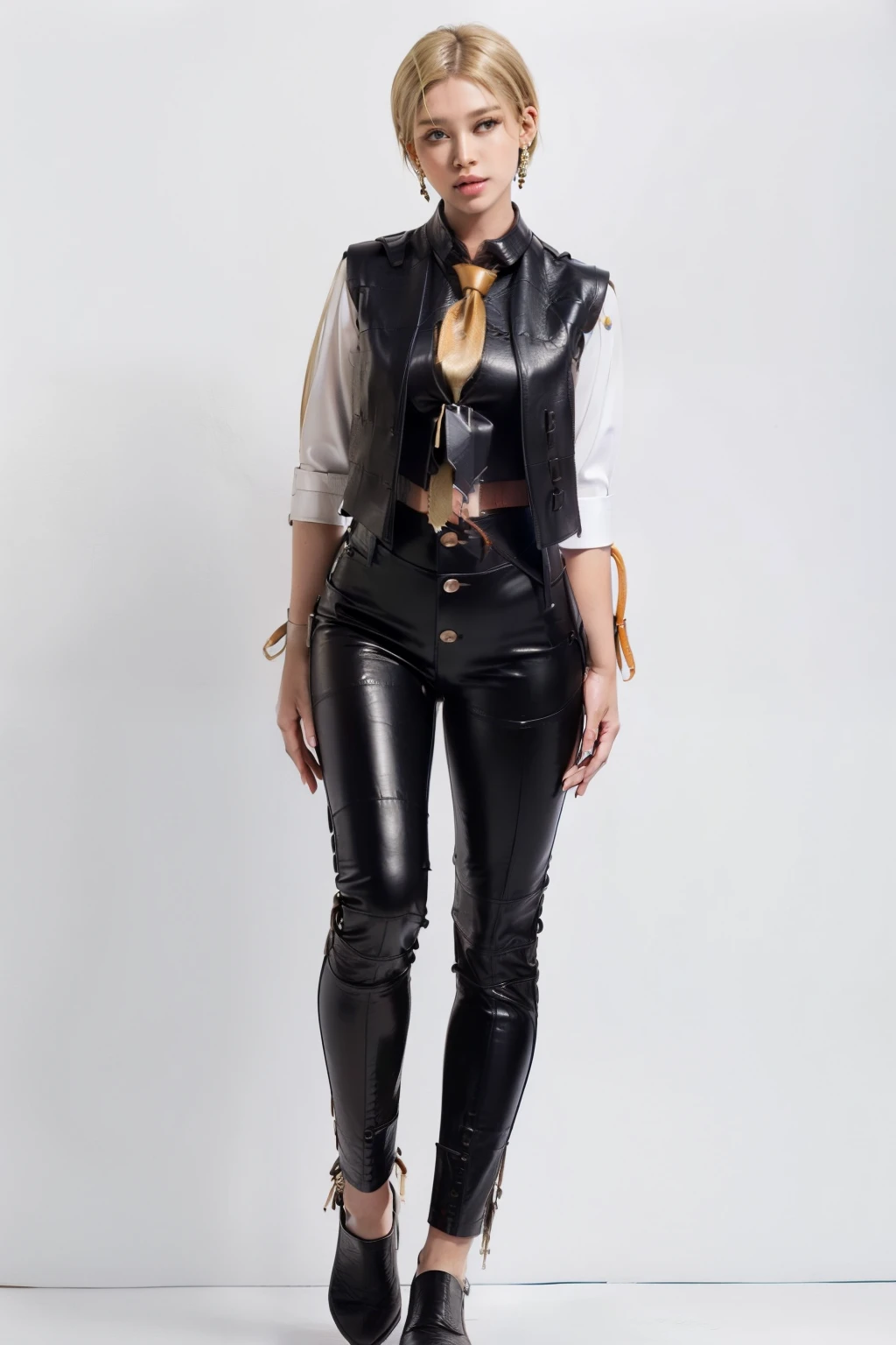 (tall:2), (RAW photo:1.2), (perfect eyes:1.2), (masterpiece:1.2), (best quality:1.2),(standing:2),(full body photo:2),(sexy pose:2),(1girl:2),(short blonde hair:2),(simple 1 necktie:2),(brown button vest:2),(beauty face:1.2),(earring:2),(long white untucked shirt:2),(simple background:2),(black tight leather pants:2),(knees together:2),