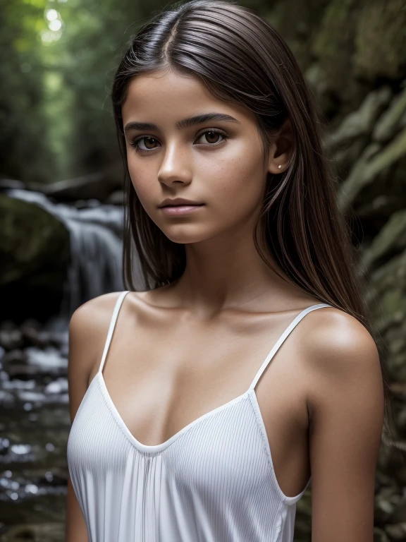 (1 Spanish girl)), (Lea Manzanares) (Tweened model, 14 years old, Young)), EtherealBeauty, Slim,Firm chest, Soft light, ((David Hamilton style)), closeup picture, Masterpiece, Best quality, photo-realistic, Ultrarealistic, 8K, high resolution, Detailed skin, 8K UHD, Digital SLR, Soft lighting, High quality, filmgrain, Fujifilm XT3, waterfall in background