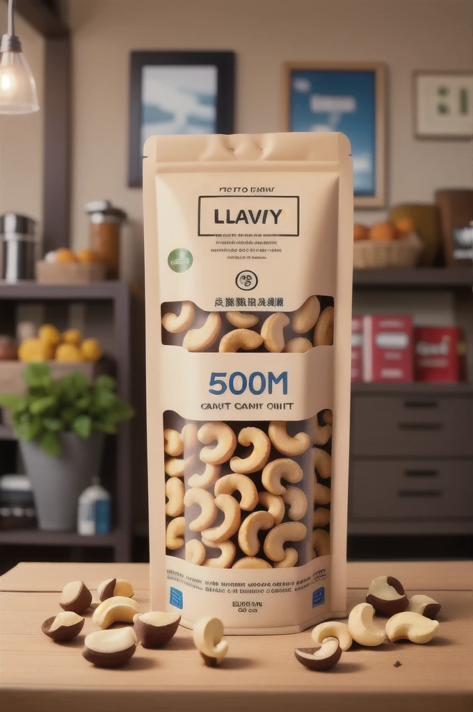 A plastic tin package of 150g cashew nuts with a lit scene and photographed with a Sony A7M4 camera and sigma 1005mm f 1.4 lens