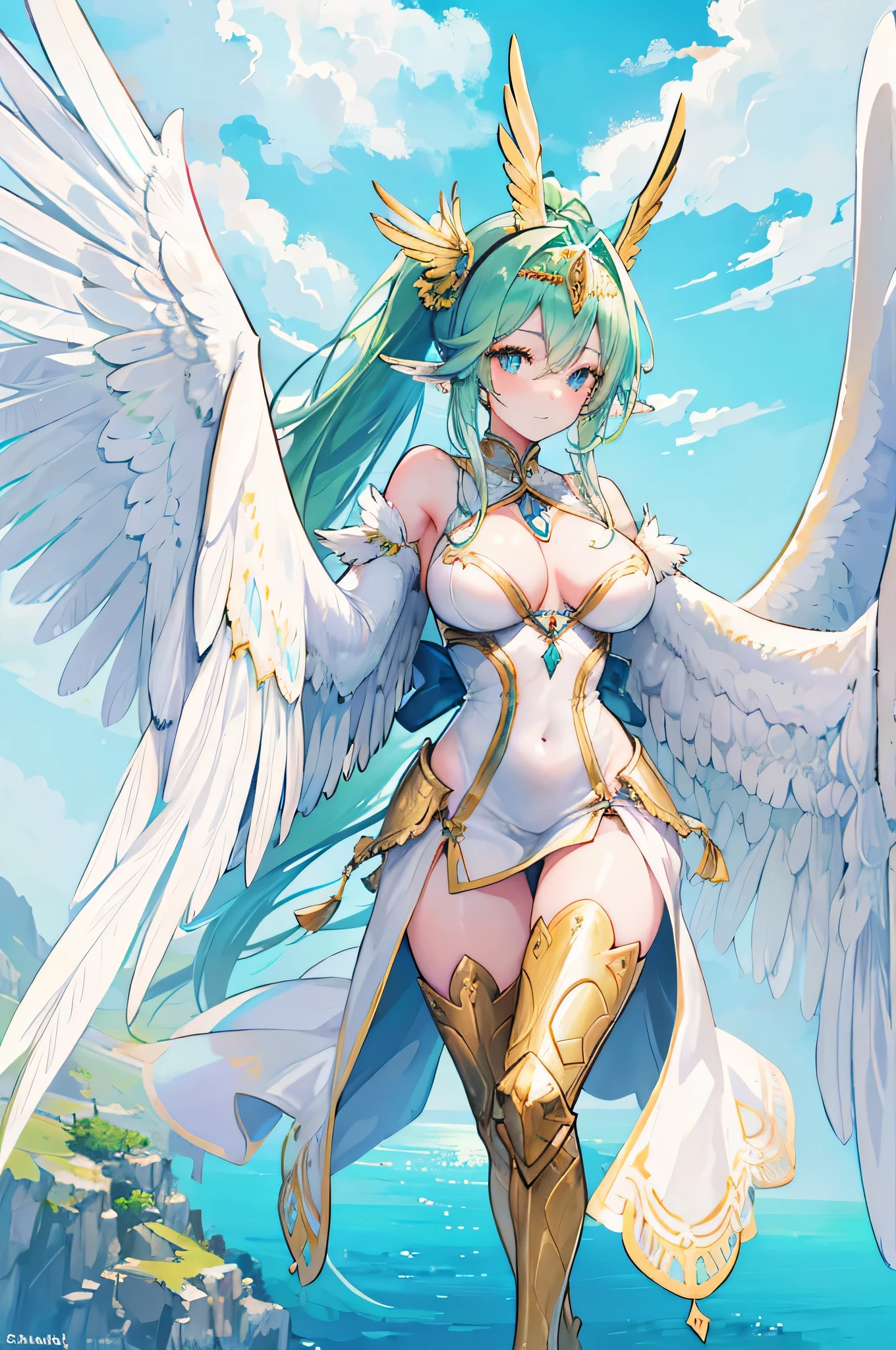 4K,High resolution,One Woman,Harpy,Green Hair,Long Ponytail,Braid,Blue Eyes,Big Breasts,White Wings,Golden toenails,Valkyrie,Female Pope,Goddess Dress,Winged headgear,Jewelry decoration,Castle in the Sky