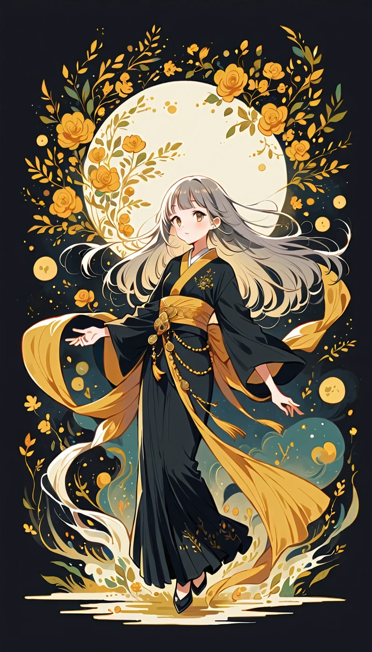 white background, Fujichoco style, black kimono, (((The Most Beautiful Girl))), gray hair, ((full moon)), simple background, Simple line initialism, full body, black tone, Gold Medal,