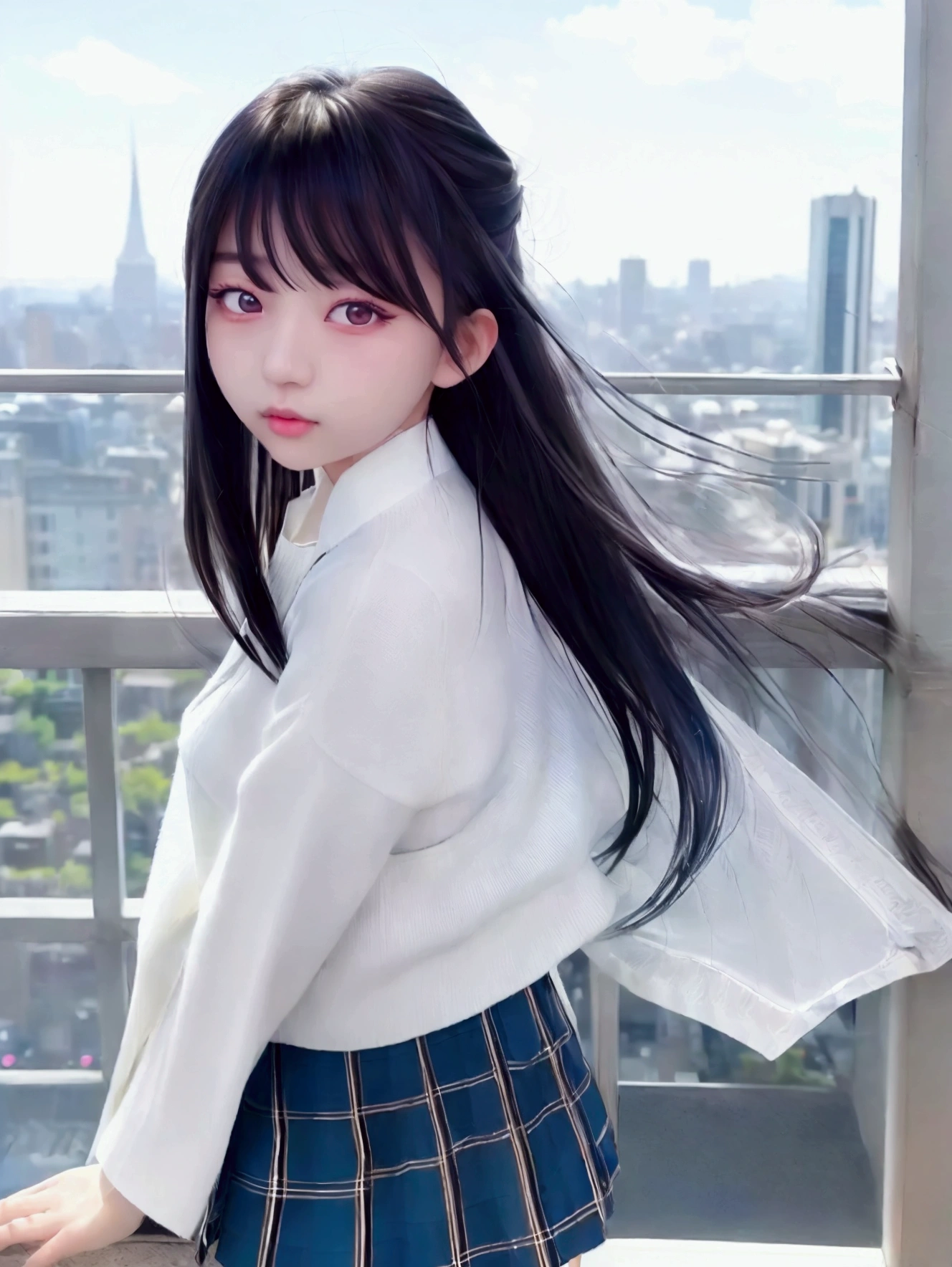 morning、Blue sky、Black Hair、blunt bangs、White shirt、In 8K、Highest quality、masterpiece、Super detailed、超High resolution、((1 person))、With a girl、compensate、Pleated skirt、Strong winds、((((Flip up the skirt))))、City view、super fine illustration,(((beautiful fine hair))),(((beautiful fine face))),(((beautiful fine background))),Photorealistic, High resolution, 1 Girl, Korean, Eyes with heterochromia, Small mole under eye,