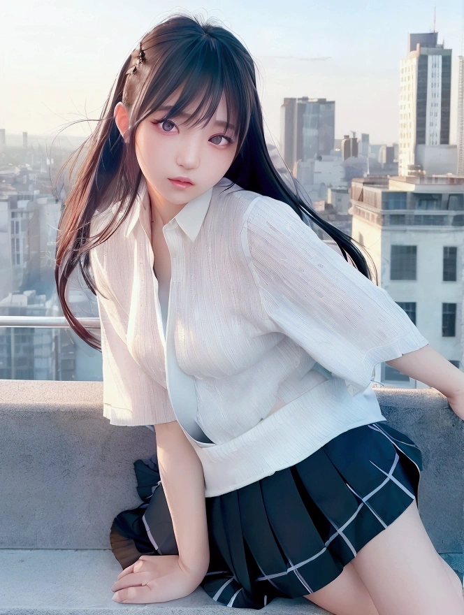 morning、Blue sky、Black Hair、blunt bangs、White shirt、In 8K、Highest quality、masterpiece、Super detailed、超High resolution、((1 person))、With a girl、compensate、Pleated skirt、Strong winds、((((Flip up the skirt))))、City view、super fine illustration,(((beautiful fine hair))),(((beautiful fine face))),(((beautiful fine background))),Photorealistic, High resolution, 1 Girl, Korean, Eyes with heterochromia, Small mole under eye,