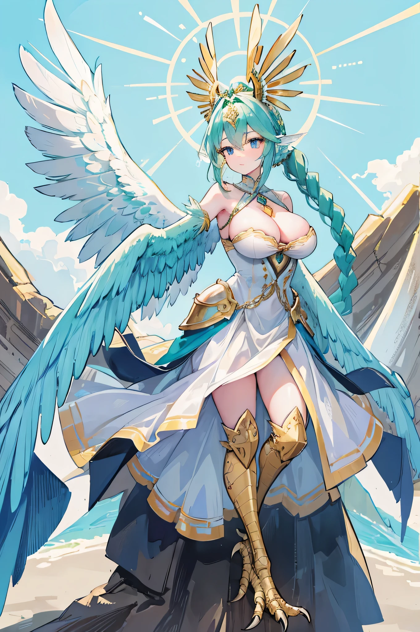 4K,High resolution,One Woman,Harpy,Green Hair,Long Ponytail,Braid,Blue Eyes,Big Breasts,White Wings,Golden toenails,Valkyrie,Female Pope,Goddess Dress,Winged headgear,Jewelry decoration,Castle in the Sky