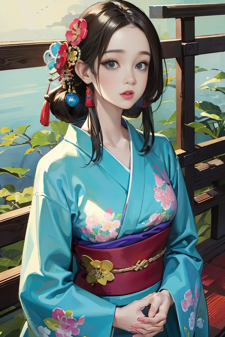(Highest quality、 8k 、masterpiece、High resolution)、(whole body)、Vibrant colors、Brown-black bob、Traditional round topknot、Ample breasts、(Highly detailed face and eyes、Beautiful Face、Beautiful Eyes、Beautiful nose、Pretty lips)、Detailed Art,(Art with precise detail), (Japanese painting), (A woman in a kimono standing on a bridge),(Vivid floral patterned kimono), Detailed CG、