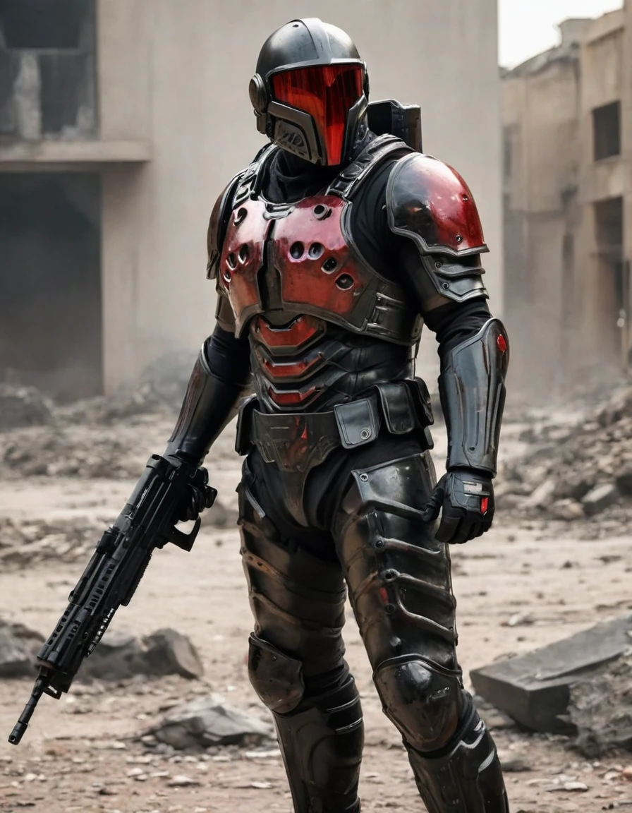 male soldier, ultra modern heavy armor in black colo with red color details, metal shoulder pads, metal wrist guards, ultra modern long helmet with red glass, military boots, red cape, he carries a large minigun, he is in a totally post- apocalyptic city destroyed, a lot of fire, large green mineral crystals on the ground, sunny day, top view, 4k, ultra detailed image, realistic, very detailed, perfect composition, splendid, intricately detailed, incredibly detailed, art photography 8k, hyper detailed, Masterpiece, ultra detailed, hyper realistic, 4k, ultra detailed image, realistic, highly detailed, perfect composition, splendid, intricately detailed, incredibly detailed, Artistic photography in 8k, hyper detailed