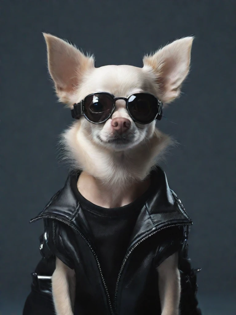 Chihuahua dog in minimalist style, Cyberpunk wears cheeks . Simple, clean, rectify, Modern, Black T-shirt