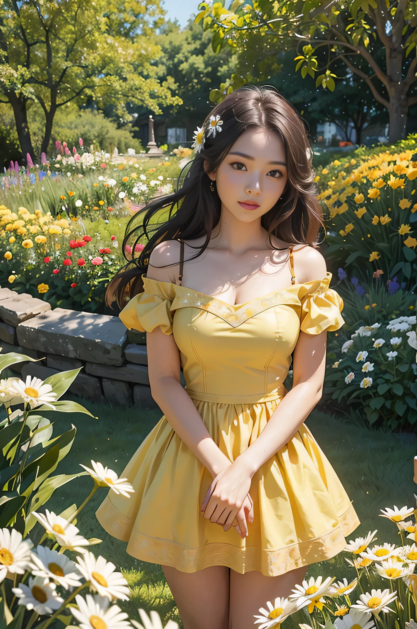 Wearing a bright yellow dress，Bring out her fair complexion, Standing gracefully in front of a flowery garden,Front Shooting， Double exposure effect creates an ethereal atmosphere，bathed in the warm glow of the sun. The garden was full of colorful flowers, Including roses, tulips, and daisies, Create a picturesque background. girl surrounded by breeze, Let her hair flow gracefully. As she gazes into the distance，Her eyes are full of curiosity and innocence, hinting at her charming smile, There's a story behind this. Portraits are created with oil paints, Give it a rich and timeless feeling. vibrant with colors、with dynamism, Focus on warm colors，Create a feeling of warmth and well-being. The lighting is soft and natural, Gives girls a soft glow;s face, exquisite detailing，Enhance her facial features，Create a sense of depth. The overall quality of the artwork is of the highest standard, Every stroke reveals the artist&#39;s style&#39;of talent;Talents;Skills and attention to detail. The degree of reality is shocking, Bring your portrait to life, Evoke a connection with the audience. This masterpiece captures the beauty and essence of the girl, provides a timeless and captivating manifestation of her existence.