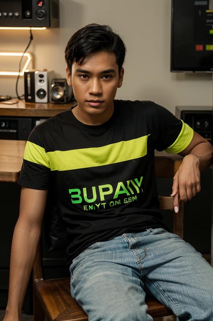 Super realistic big head caricature with shiny skin of a young Indonesian with short black hair combed back, wearing modern casual clothes. he was sitting back in a rocking chair holding a lit cigarette. Above the neonbox it says 'Aj - store'. also beside the wooden table, on the table there is a pack of cigarettes, an ashtray, a radio box. behind the young man were neon colors green, red, yellow. black background