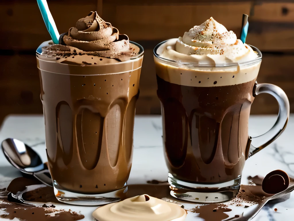 Create a photo of a cocoa shake, peanut butter and milk decorating ingredients
