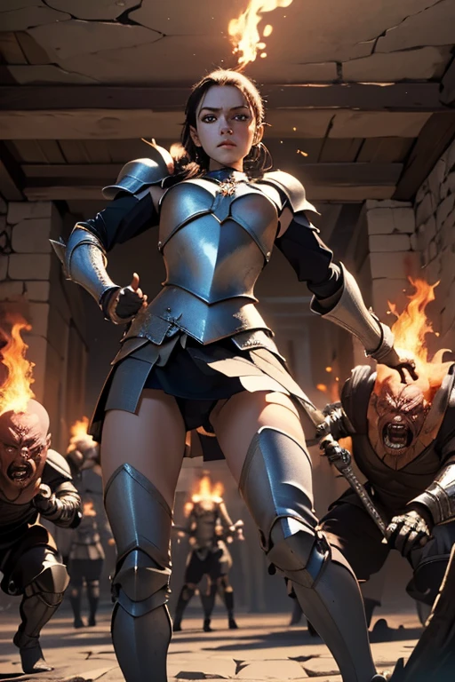 ((masterpiece, Highest quality)), ((Detailed CG integrated 8K people)), Rooms in the dungeon, torches, Woman fighting monsters, Sword in hand, Wear armor,head to waste,
