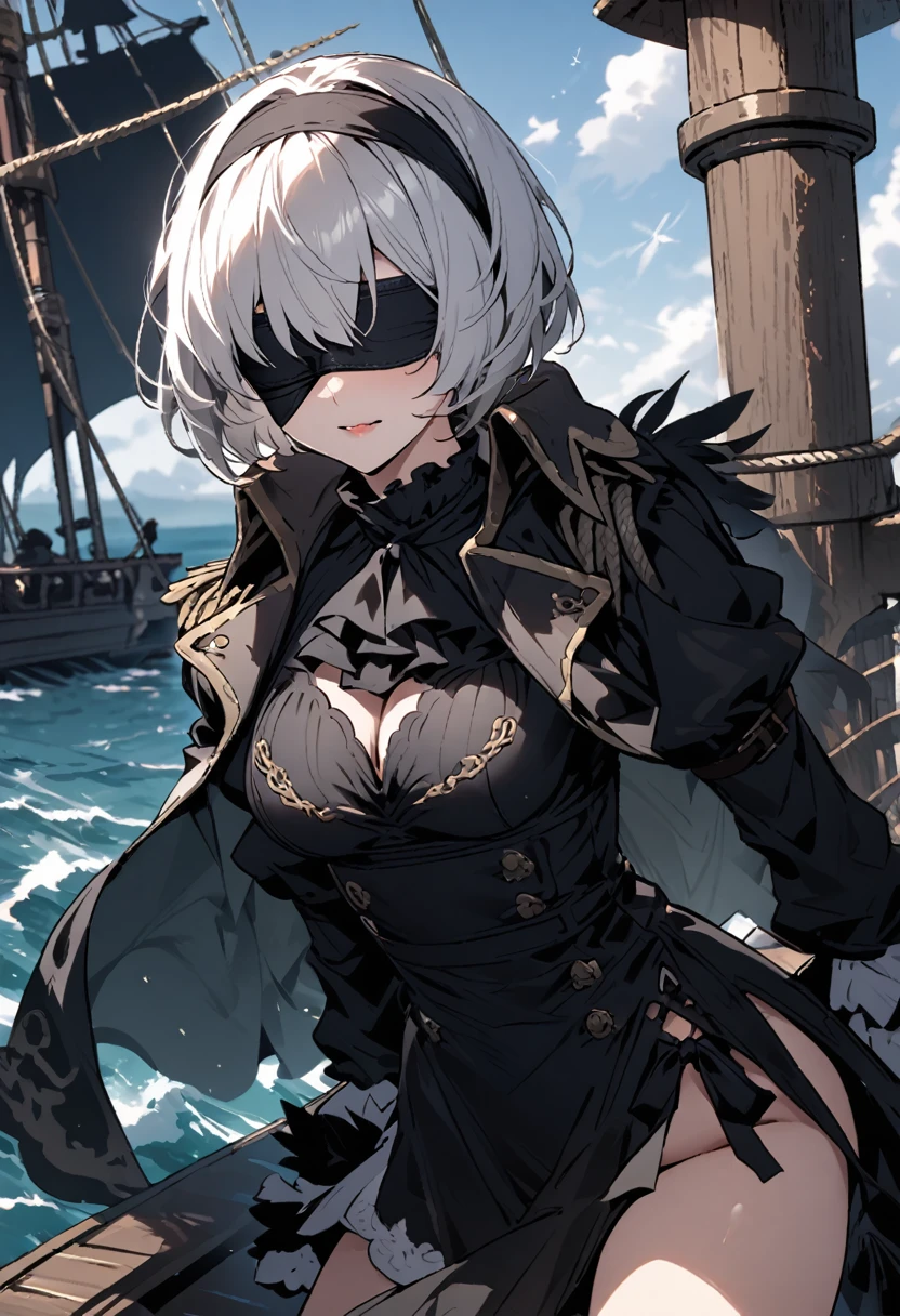 Character 2B, wearing a pirate cape, blindfold, on a ship deck