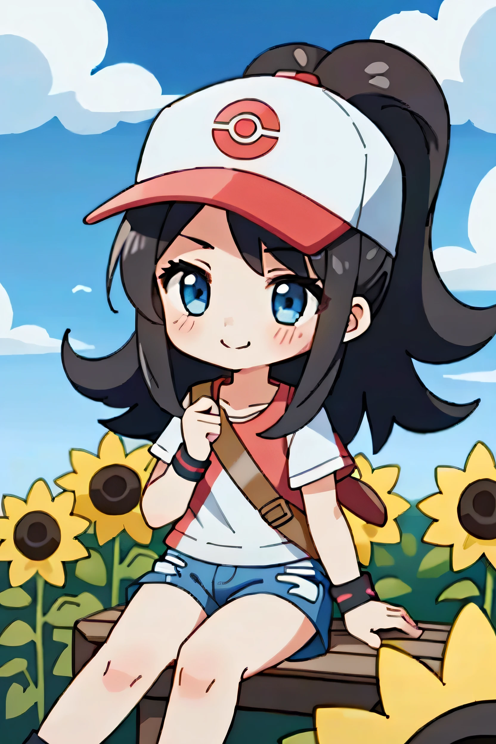 (masterpiece:1.3), (Highest quality:1.2), (Detailed Background:1.1), (Intricate details:1.1), One girl, Hilda Pokemon, Baseball cap, High Ponytail, Long Hair, blue eyes, Shorts, shirt, Best, Wristband, Outdoor, smile, sunlight, Have a Pokeball, masterpiece、(Highest quality、Super detailed: 1.6)、(Ultra-high resolution: 1.4)、Super fine (anime painting)、(Sharp focus)、(Very detailed: 1.3)、(Detailed face: 1.1)、(Perfect Anatomy) ）、delicate（Cel Animation）、(child:1.2)、(Watermelon cut:1.2) with both hands、Sitting surrounded by sunflowers。snap shot、