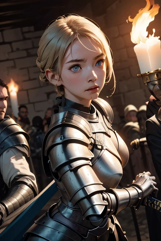 ((masterpiece, Highest quality)), ((Detailed CG integrated 8K people)), Rooms in the dungeon, torches, Woman fighting monsters, Sword in hand, Wear armor,head to waste,