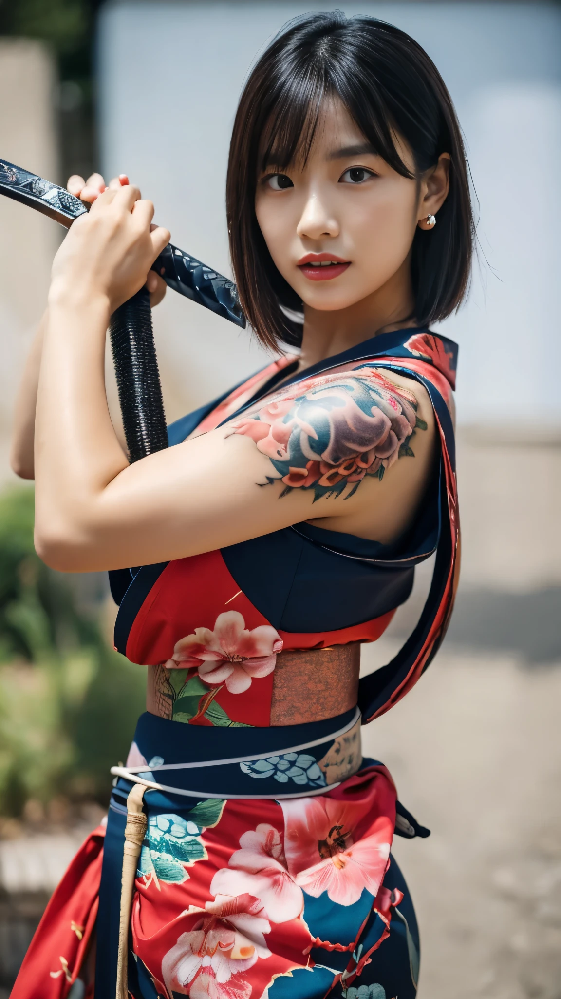 Beautiful Chinese woman, (16 years old), pretty face, red lips, white moisturized skin,
BREAK,
Athletic feminine body, Female fitness model body, Hard-toned feminine body, (muscles: 1.2), (beautiful belly button),
BREAK,
Martial arts, Kung fu, Idol,
BREAK,
(Wearing cute kimono: 1.3), (Red high heels 1.3), Necklace, Very large earrings, Short length,
BREAK,
Short hair, (Short bob hair), (Bangs: 1.2), (Pink hair), (Wavy hair),
BREAK,
(Holding a very large sword in hand: 1.4), (Holding the handle of the sword in hand: 1.3), (Raising a very large sword: 1.2), (Getting into a fighting position),
BREAK,
(Large tattoo, Japanese tattoos all over the body: 1.4),
BREAK,
Masterpiece, Perfect lighting, Ultra high resolution, 8K, (Very detailed: 1.4), (front view), looking at camera, melancholic expression,
BREAK,
(Tokyo city, lots of people in background), Japanese city background,