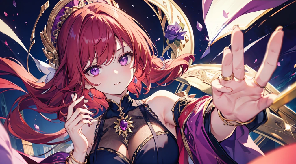 Highest quality, masterpiece, figure, wallpaper,One woman, Beautiful detailed woman, Highly detailed eyes and face, Beautiful attention to detail, Shine, View your viewers, Purple Eyes,,Bright Red Hair ,crisp finger, clear background, deep night、Earrings、bracelet,28 years old,Slim body,dance,Overall image