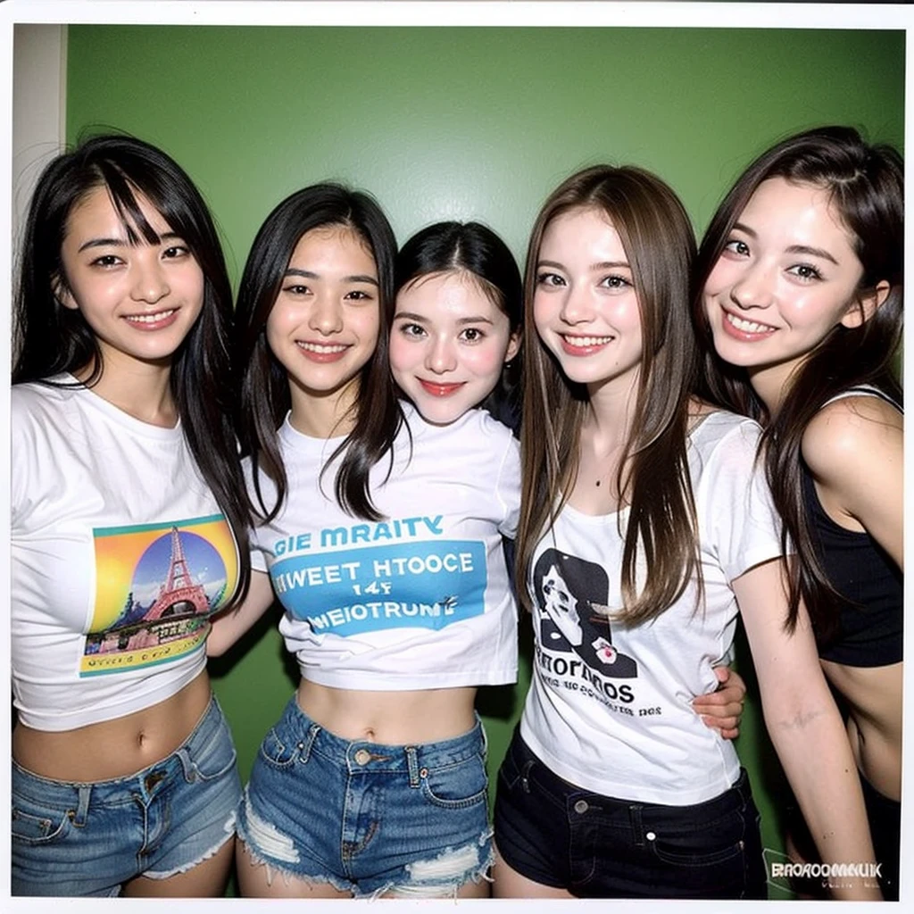 A photo from a polaroid taken with an old camera of 6 sweet young European girls 14 years old, high school best friends having a fun and sexy high school party in cute t-shirts and hot shorts ,BrookeMonk, Avarice, showing her curves and smiling, sexy, beautiful girl, innocent, neckline, Low cut tops