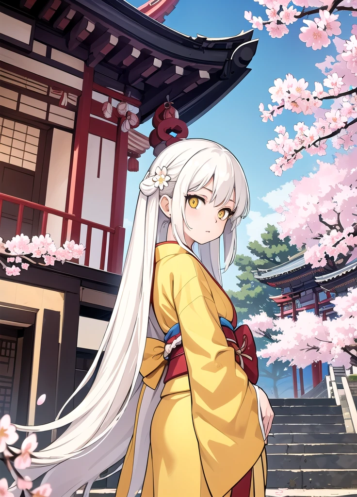 masterpiece, best quality, 1girl, yellow eyes, long hair, white hair, tree, stairs, standing, kimono, sky, cherry blossoms, temple, looking at viewer, upper body, from below, looking back,