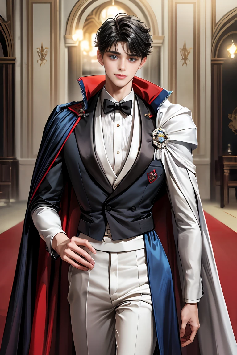 
masterpiece, 最high quality, high quality, 1 boy, alone, Male focus, Watching the audience,  Messy black hair, Adorable big blue eyes, White, Noble, Noble,Sexy voluminous cape、tuxedo、vampire、A very voluminous red and black cape with a high stand-up collar, very voluminous, very big, very big, very long, reaching down to the floor, made of a lot of fabric., ,Cute beautiful boys,Cute, cute, handsome boy with a gentle smile