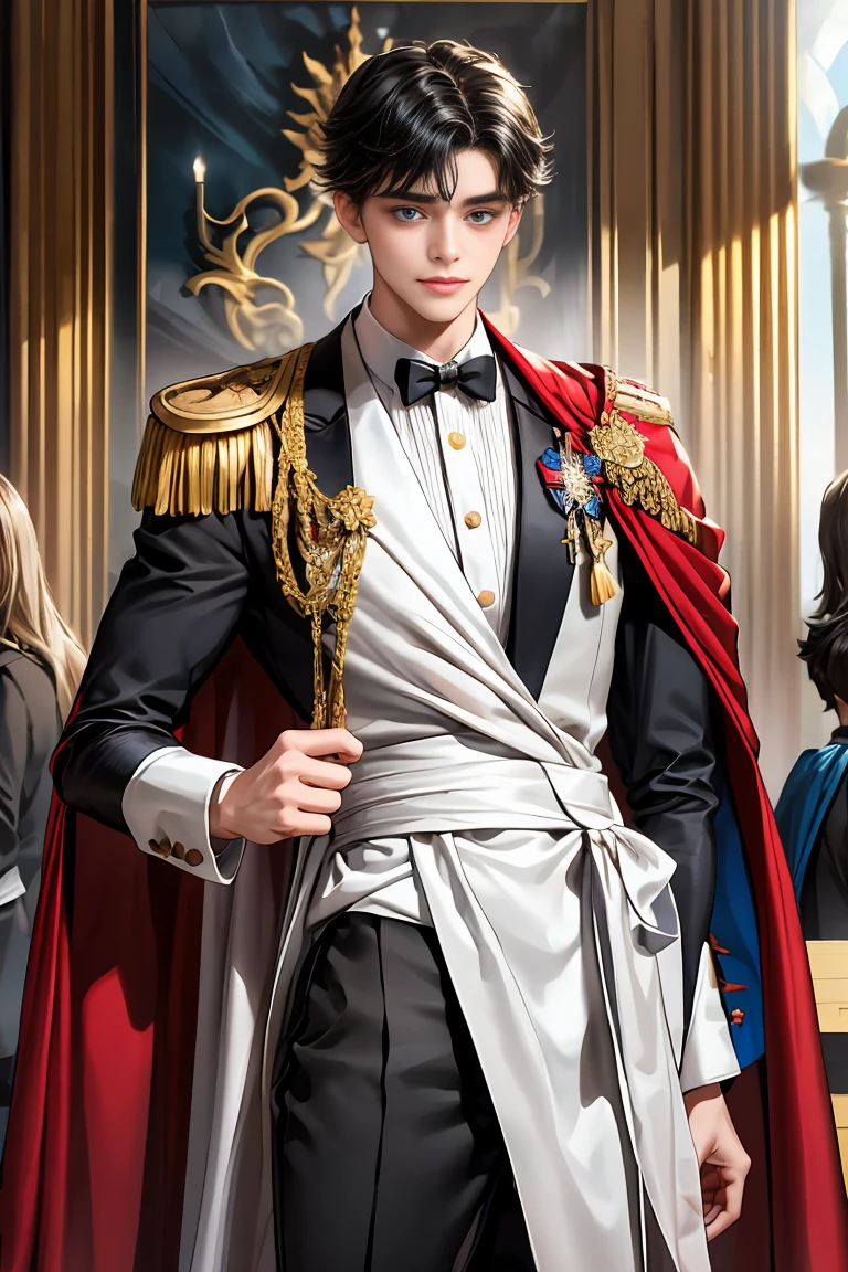 masterpiece, 最high quality, high quality, 1 boy, alone, Male focus, Watching the audience, Messy black hair, Adorable big blue eyes, White, Noble, Noble,Sexy voluminous cape、tuxedo、vampire、A very voluminous red and black cape with a high stand-up collar, very voluminous, very big, very big, very long, reaching down to the floor, made of a lot of fabric., ,Cute beautiful boys,Cute, cute, handsome boy with a gentle smile