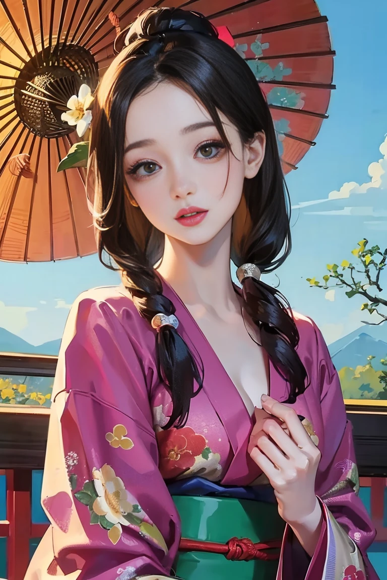 (Highest quality、 8k 、masterpiece、High resolution)、(whole body)、Vibrant colors、Brown-black bob、Traditional round topknot、Ample breasts、(Highly detailed face and eyes、Beautiful Face、Beautiful Eyes、Beautiful nose、Pretty lips)、Detailed Art,(Art with precise detail), (Japanese painting), (A woman in a kimono standing on a bridge),(Vivid floral patterned kimono), Detailed CG、