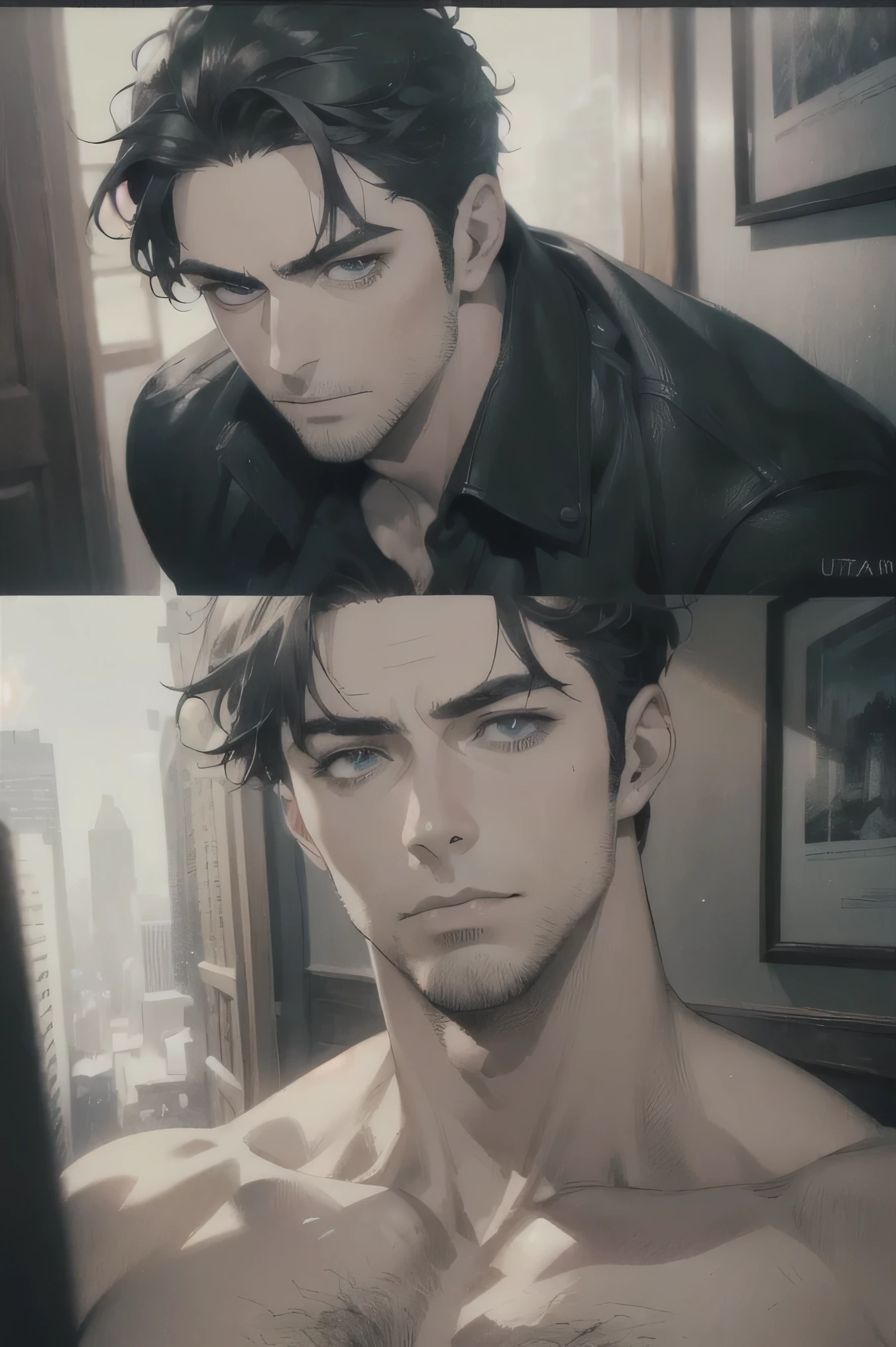(Best Quality,4k,8k,High resolution,masterpiece:1.2),ultra detailed,(realist,photorealist,photo-realist:1.37),1 man,31 years,mature man,very handsome,muscular,without expresion,short gray black hair,blue eyes,glare,perfect face without mistakes,imposing posture,cinematic lighting,imagen HDR