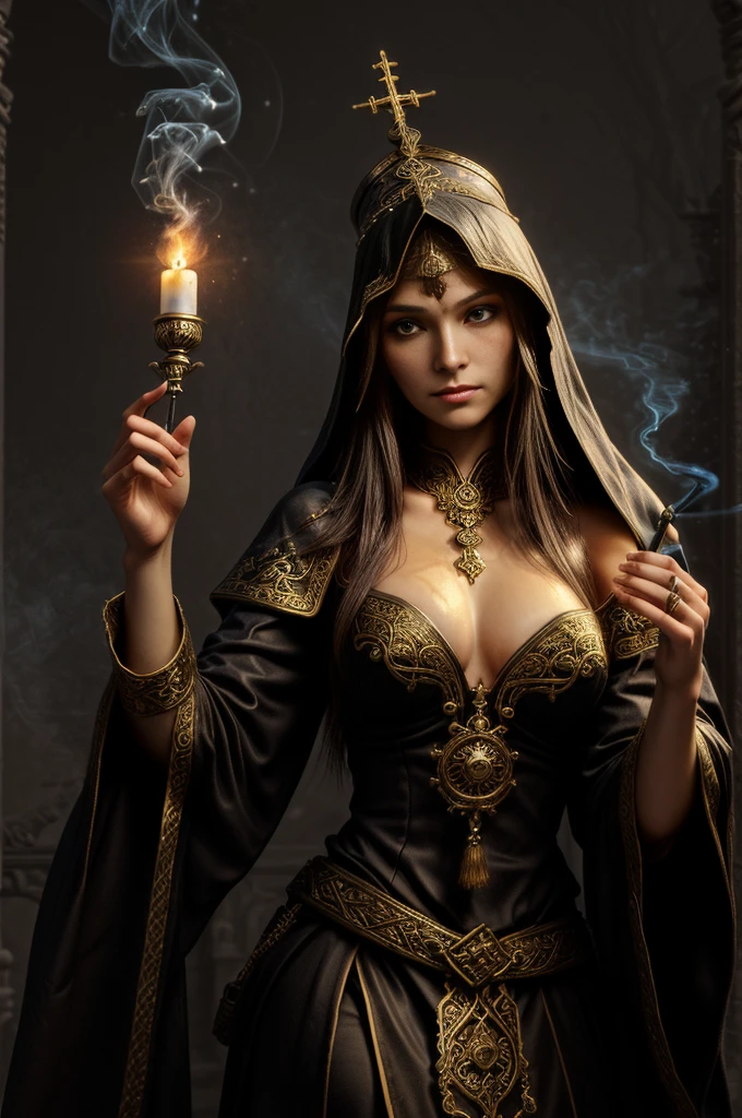 1 character, rpg fantasy, fantasy race. in darkness, holding an taliman in front her face. the talisman is a relic,a incense burner, censer, divine symbol, that shiny bright and conjuring a falling smoke. priest, hood, light reflect in face and eyes, serious expression. perfect hands [[in 2 hands, 5_fingers, five_finger, 5f, 5_fingered]]. original character, authentic. looking to viewer, focus on talisman and face.  centered, solo character, front view. semi realistic painting style, illustration. blank background, empty, white background.3D, baroque style,oil paint,Rococo style, 3d
