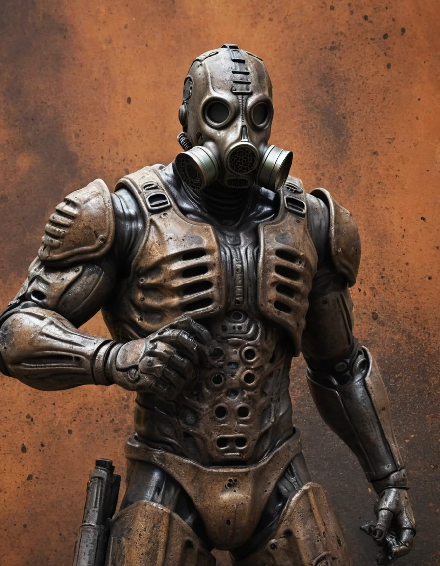 masterpiece, muscular cyberdead, with robotic head,gasmask, big gun, fighting stance, apocalyptic background, dusty, detailed rust iron texture, realstic,storng contrast, dark shadow,detailed discribe, clear image,