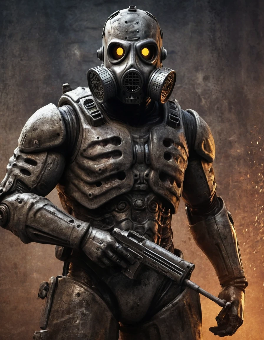 masterpiece, muscular cyberdead, with robotic head,gasmask, big gun, fighting stance, apocalyptic background, dusty, detailed rust iron texture, realstic,storng contrast, dark shadow,detailed discribe, clear image,