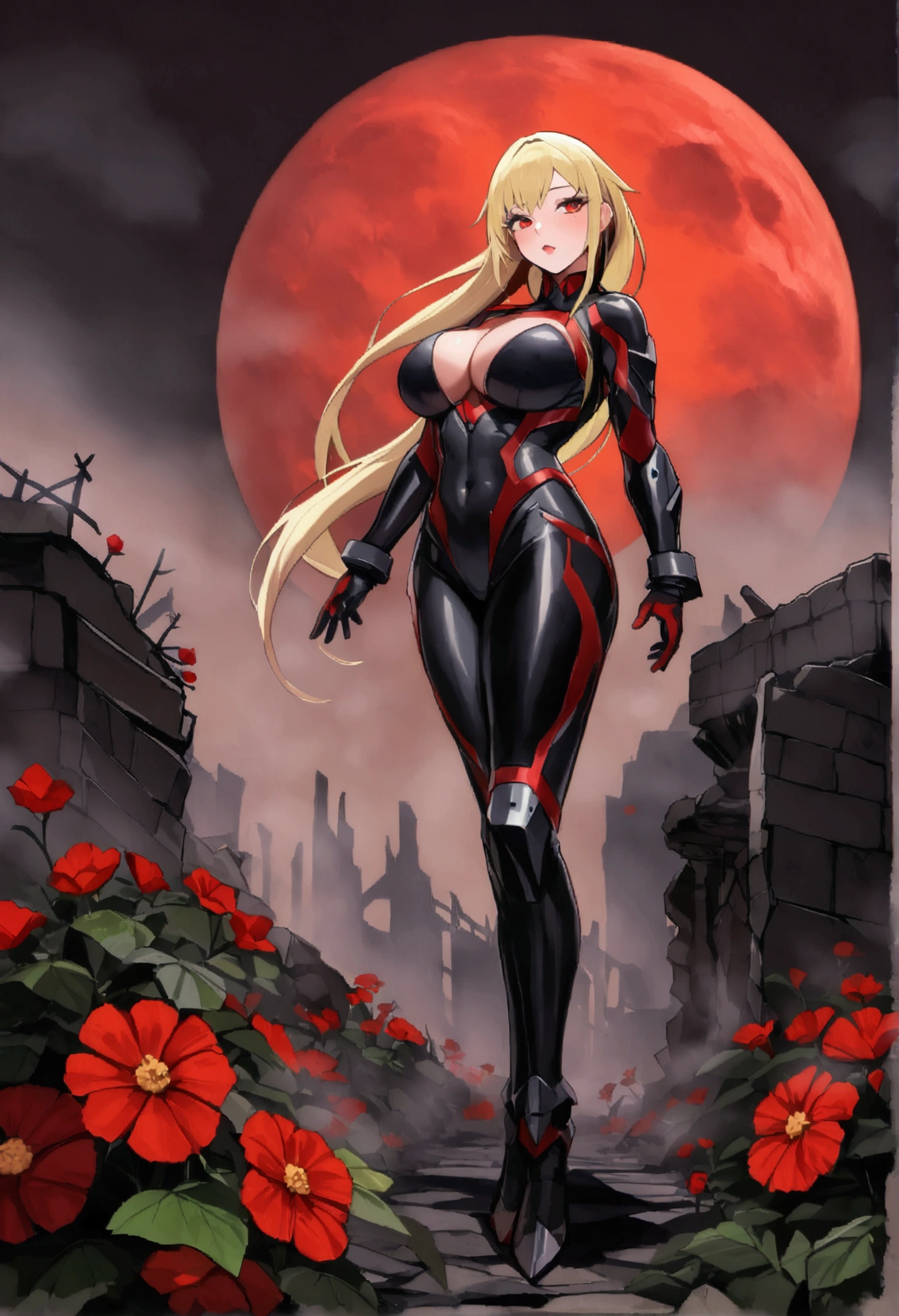 長い髪のbeautifulアニメ風の美女, (((Blonde)))Twin tail hair,(((Highest quality)))Transparent Hair,face of compassion,(((Red eyes)))Beautiful woman full of pleasure,(((A well-defined, glamorous body)))((Huge bust))Tight waist,(((光沢感ある過激な近代のArmorスーツを着ている))),(((Radical modern suit)))Wearing a modern suit that exposes the chest, navel, and thighs,Armor(((beautiful)))Fair skin,(((Standing provocatively)))Full Body Shot,(((background)))wood,fog,Red Moon,Mysterious flower,City in Ruins。