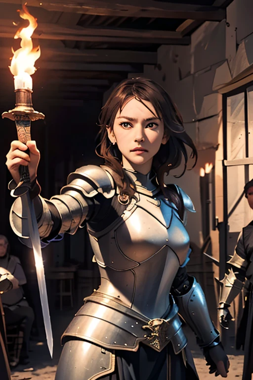 ((masterpiece, Highest quality)), ((Detailed CG integrated 8K people)), Rooms in the dungeon, torches, Woman fighting monsters, Sword in hand, Wear armor,head to waste,