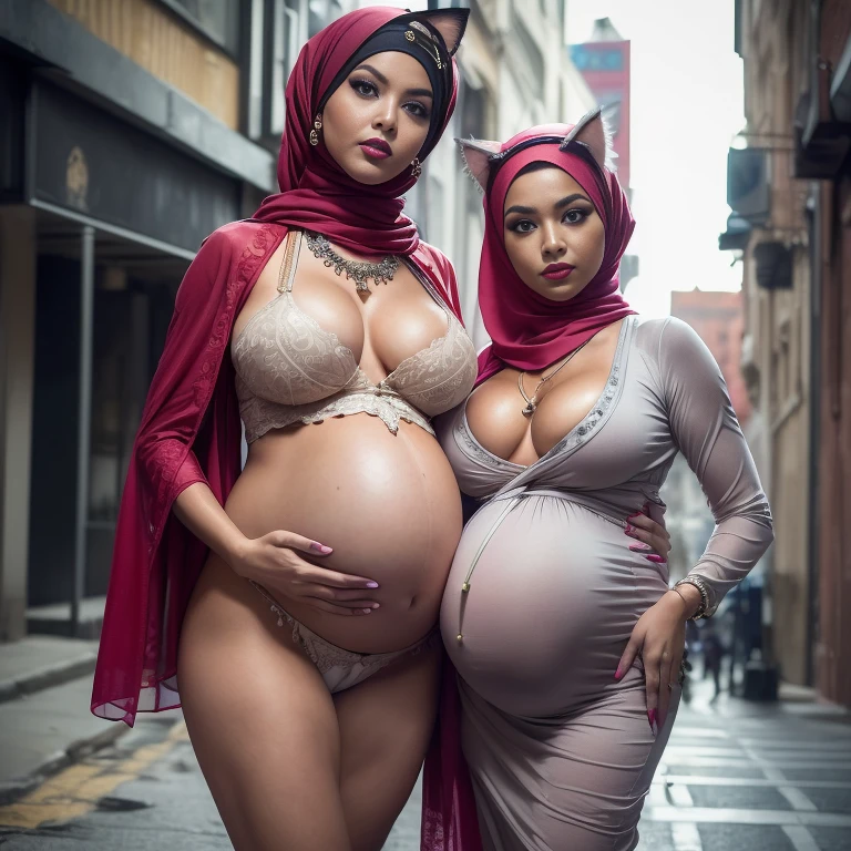 (((Perfect Pregnant belly))) (((Full naked and nude hijab prostitute))) Malaysian girl pregnant 5 ,Largest Baby  pregnant, Largest , Big pregnant Belly, Big Pregnant girl, Largest Belly of Pregnant, Beautiful woman, beautiful face, pregnant, long hair, black hair, realistic, ultra-detailed, big breast, malay, The whole body consists of a young girl with hijab, Eye makeup, 21yo, (((Cat ears))), Soft lighting, groups, Wear shabby clothes, Dirty, Tattered futuristic military uniform, Cat's paw badge, Pose, spot color, rendering by octane, Ultra-realistic intricate details, Cinematic, 8K resolution, 70mm, emphasis lightings, (((Huge breast)))(((wearing sexy kebaya))) PERFECT HIJAB & Sexy kebaya dress (((2 girls:1.5, girls standing))) Setting background: Basquiat graffiti wall background,Graffiti artist, urban walls, spray paint cans, bold colors, rebellious strokes, street gallery, artistic , night shadows, public expression, aerosol mastery, layered stencils, cultural messages, graffiti tags, creative risks, vibrant visuals, underground recognition, impactful designs, urban transformation. Art by Mschiffer (((Red lips))) (((only: pubic hair is hairy:1.3))) (((wearing a Sexy belt design by LV))) Full Naked & nude,  bride very fit physique (38D breast:1.3) , (((Woman with hijab style, hijab and kebaya dress)), (lace stockings), (((Wearing: diamond necklace and earrings))). RAW photo, full sharp, detailed face (high detailed skin:1.2), 8k uhd, dslr, soft lighting, high quality, film grain, Fujifilm XT3, (extremely beautiful face, sexy lips, beautiful red lips, Clear eyes, beautiful eyes), (big green eyes), pretty girl, face forward, intricate detail face, ((ultra detailed skin)) (skin texture, film grain), Detailed beautiful face, natural tpose, natural facial expression, (((large breasts))), 