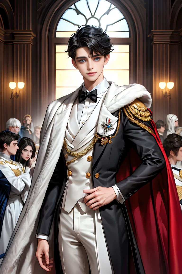 masterpiece, 最high quality, high quality, 1 boy, alone, Male focus, Watching the audience, Messy black hair, Adorable big blue eyes, White, Noble, Noble,A sexy, voluminous, puffy cape、tuxedo、A very voluminous, large, very large, very large, long, long red and black cape with a high stand-up collar, made of a lot of fabric that reaches down to the floor., ,Cute beautiful boys,Cute, cute, handsome boy with a gentle smile