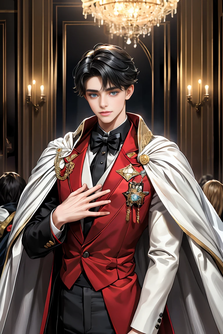 masterpiece, 最high quality, high quality, 1 boy, alone, Male focus, Watching the audience, Messy black hair, Adorable big blue eyes, White, Noble, Noble,A sexy, voluminous, puffy cape、tuxedo、A very voluminous, large, very large, very large, long, long red and black cape with a high stand-up collar, made of a lot of fabric that reaches down to the floor., 17 years old,Cute beautiful boys,Cute, cute, handsome boy with a gentle smile