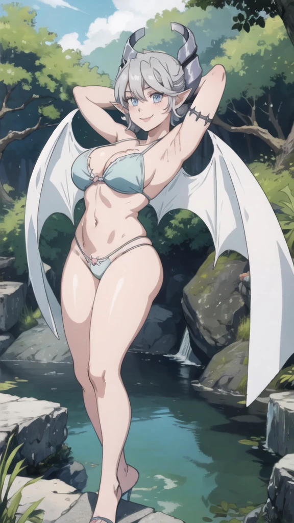 Waterfalls High level image quality best image quality 8K adult woman background a lake in the middle of jungle outside more colors whole body view portrait wearing bikini white horn ears short hair((shortcut)(gray hair)(perm)(fluffy)) eye color is blue , , attractive evil face , smile , sexy pose , labrynth , barearm , both arms up the head , wearing pink , wings , standing , view legs