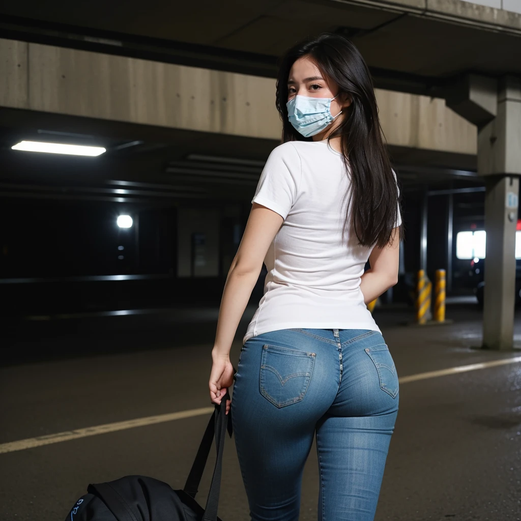 Beautiful woman in skinny jeans,tee shirt,Plump buttocks,The back is charming,wearing face mask,In the underground garage