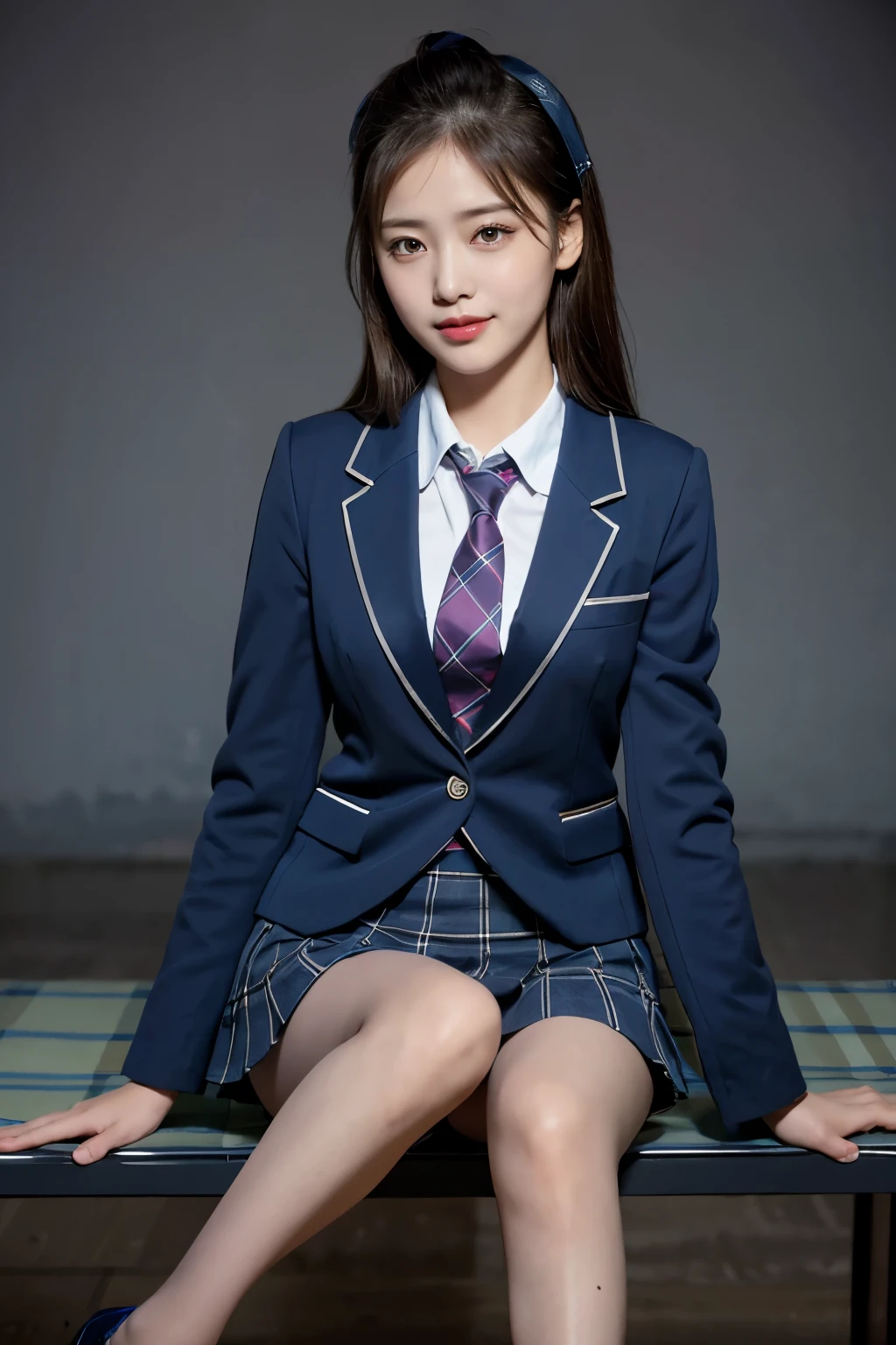 (8k), (highest quality: 1.2), (Realistic), (Realistic: 1.37), Ultra-high resolution, (1 girl), cute, blush,Embarrassed smile, Beautiful details, Beautiful Nose, silky straight Hair, Giant Dulcefo, pork, Thighs,Self Snap,University Uniforms,(A simple dark blue blazer:1.4),(Pleated skirt:1.2),(The skirt and tie are black tartan check pattern.:1.3),(Sitting:1), Sit on the bench,(Hold my feet:1),(Shiny 太い legs:1.2),from the front,knees